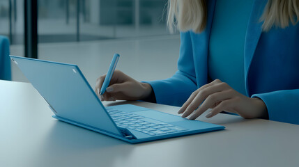 Fototapeta premium Woman Uses Stylus on a Blue Laptop: Digital Note-Taking and Efficient Workflow.