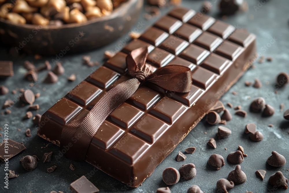 Poster chocolate bar with ribbon and chocolate chips scattered on a dark surface with a bowl of nuts in the