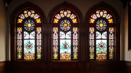 Fototapeta premium Ornate stained glass windows in a dark wooden interior. Possible use Archival, history book, educational material