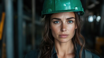 A determined female worker looking directly at the camera while wearing a green construction helmet, demonstrating confidence in the industrial environment.