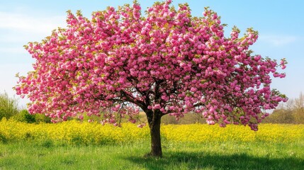 Fototapeta premium Vibrant Pink Flowering Tree in Bloom with Lush Green Grass and a Bright Blue Sky, Surrounded by a Field of Yellow Flowers in Spring Season