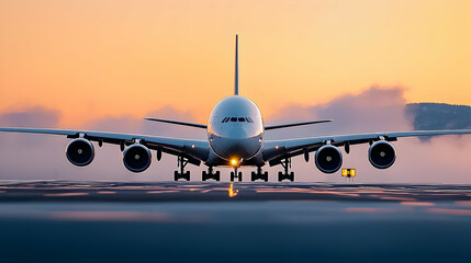 Naklejka premium Large White Passenger Airplane Taxiing on Runway During Golden Hour Sunset with Foggy Atmosphere