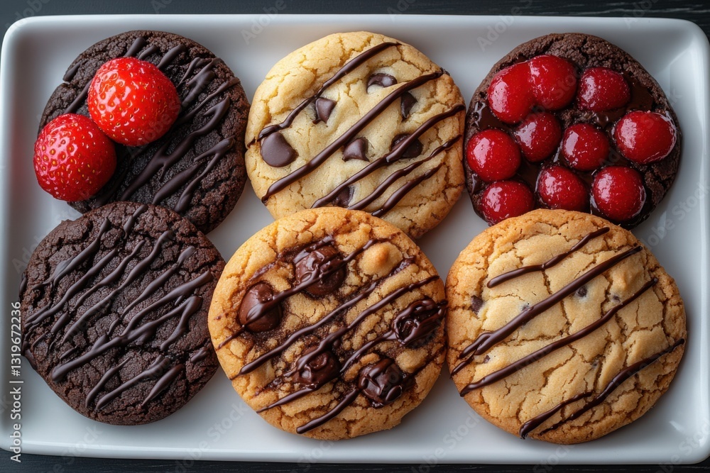 Poster assorted cookies with toppings and chocolate drizzle arranged on a white serving platter ideal for d