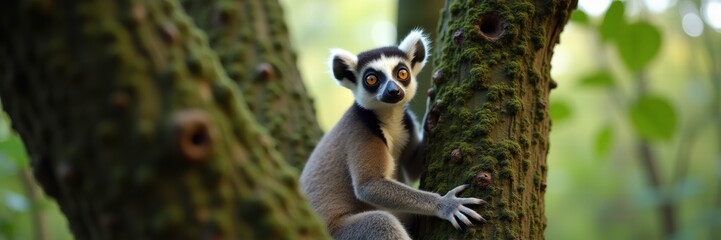 Obraz premium A charming lemur perched on a tree branch, showcasing its striking features against a lush, blurred forest backdrop, perfect for wildlife and nature-themed projects.
