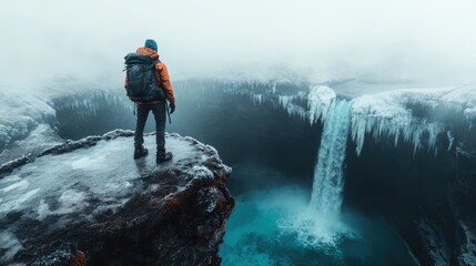 A breathtaking view of a powerful waterfall cascading into a turquoise pool, surrounded by icy rocks, evoking feelings of wonder and serenity in nature's beauty.