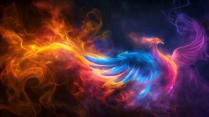 Fototapeta premium Glowing smoke swirls on a black background, blending vibrant colors into fluid, luminous tendrils with soft, ethereal light.