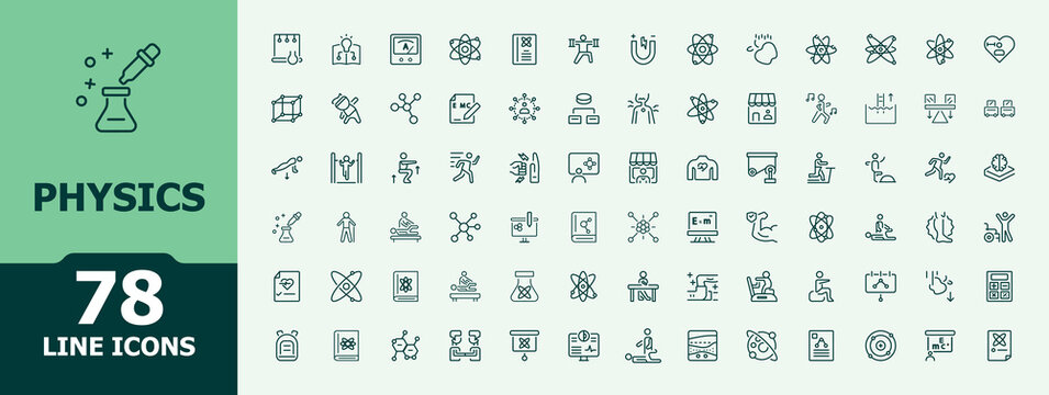 Physics modern icons set. Included scientific, gravity, lab, laboratory, experiment, mechanics and more. Simple icon designs. Scientific icons set in linear style. Editable vector icon.