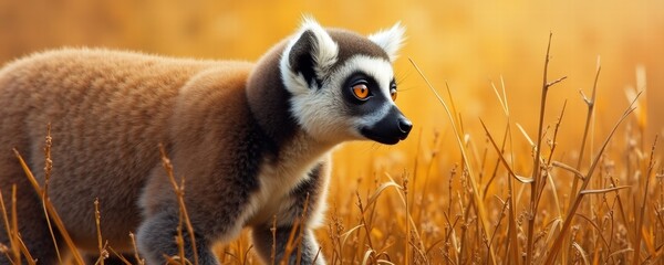 Fototapeta premium A curious ring-tailed lemur explores its natural habitat, showcasing its striking features and vibrant surroundings in soft golden light.