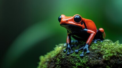 A close-up view of a striking red frog resting on a mossy surface, showcasing its vibrant colors and unique skin texture in a lush, green environment.