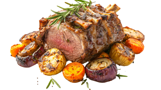 Slow-roasted lamb shoulder with a crispy outer layer, garnished with rosemary and served with roasted vegetables.