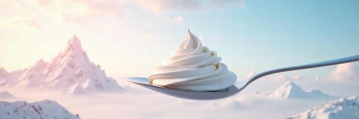 A whimsical scene featuring a spoonful of creamy dessert against a stunning mountain backdrop, capturing a blend of delicacy and adventure.