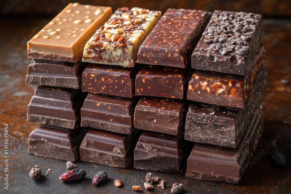 Poster stacked chocolate bars in assorted flavors including nutty and chocolate-chip varieties create a tem