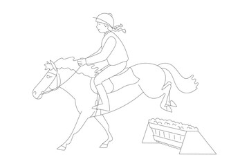 Equestrian rider jumping over an obstacle on a shetland pony