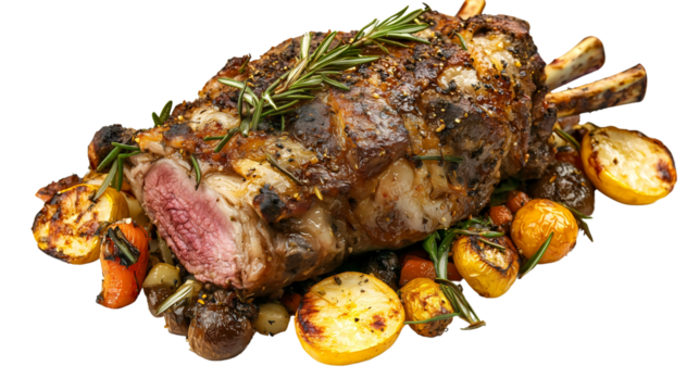 Slow-roasted lamb shoulder with a crispy outer layer, garnished with rosemary and served with roasted vegetables.