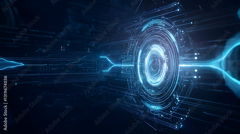 Poster abstract visualization of futuristic data transfer through a glowing blue circular portal with light