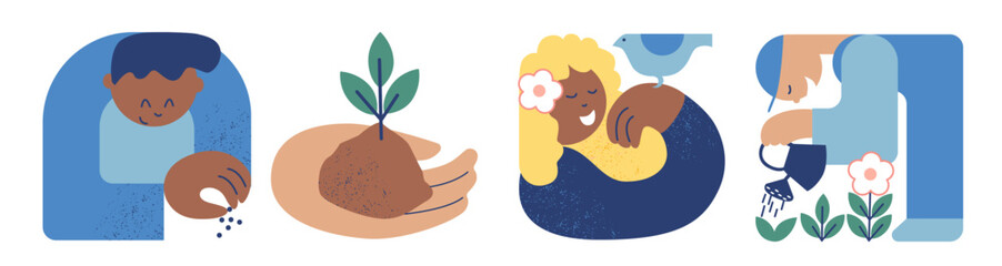Boy with seeds, girl with bird, boy watering flowers. Geometric simple design for spring greeting. Hand drawn flat vector illustration