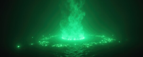 Fototapeta premium A mesmerizing green flame rising from dark waters, creating an ethereal glow that captivates the viewer in a mysterious underwater scene.