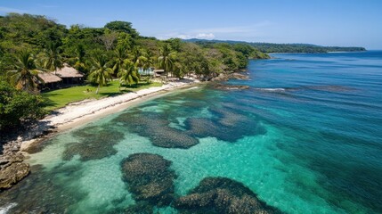 Fototapeta premium Tropical Paradise: Secluded Beach, Crystal Clear Waters, Lush Greenery