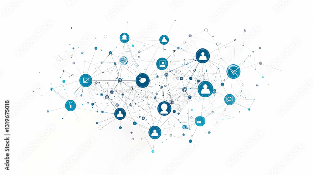 Poster abstract blue technology network with connection data on white background featuring icons symbolizin