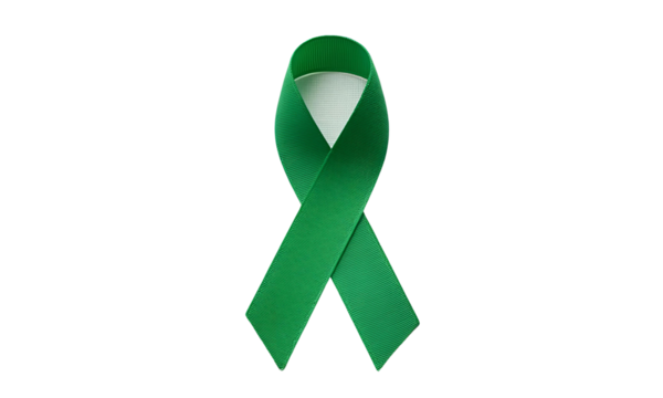 A green ribbon representing mental health awareness, smooth fabric texture