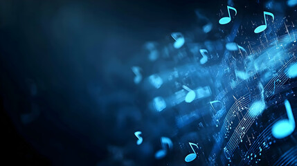 Fototapeta premium Abstract Blue Digital Music Notes Floating On Dark Background with Light and Energy Theme