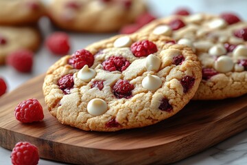 Raspberry and white chocolate chip cookies on a wooden board offer a sweet and tangy treat Delicious homemade dessert!
