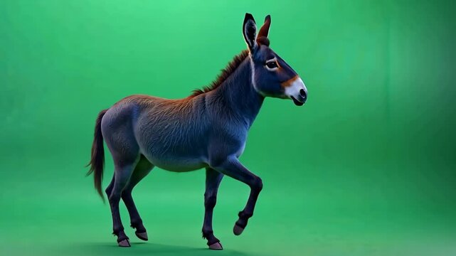 Donkey dancing playfully on a vibrant green screen background, standing on its hind legs with flapping ears, moving its hooves in a funny and animated way, perfect for special effects and motion graph