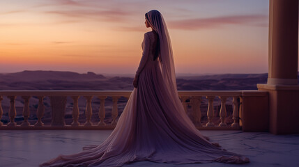 Mysterious Arab bride in a flowing silk gown, her face partially veiled, standing on a marble terrace overlooking the desert at twilight.