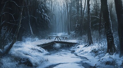 Naklejka premium Winter Forest Background with Snowy Wooden Bridge