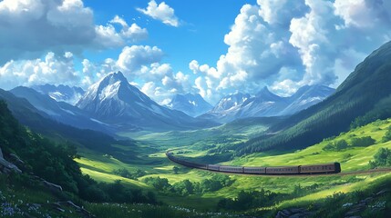 Obraz premium A scenic train travels through a mountain valley under a blue sky