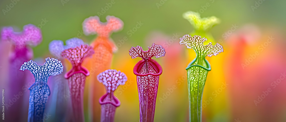Poster vibrant pitcher plants in soft focus close up detail with colorful bokeh background during spring