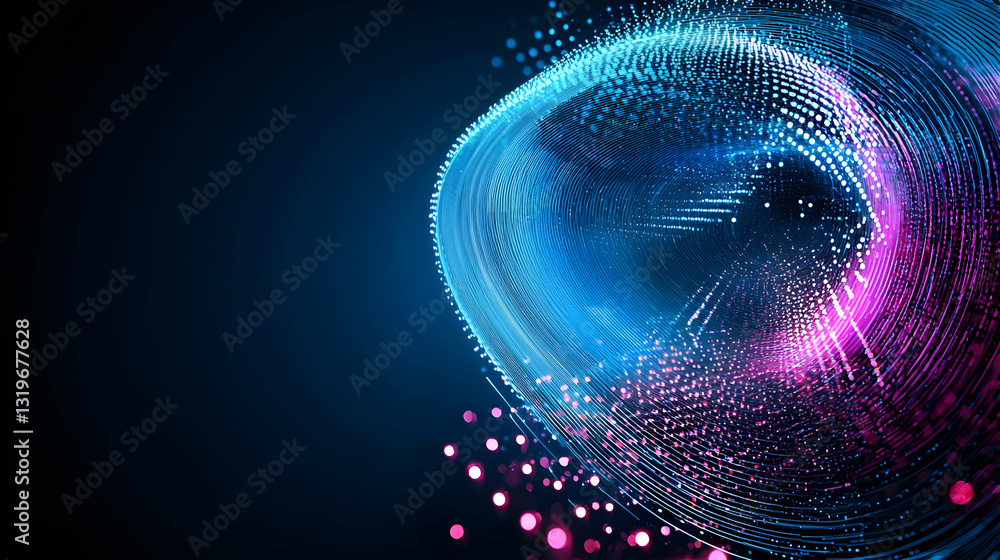 Poster abstract digital sphere glowing with pink and blue particles in a dark background with a gradient of