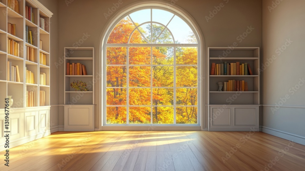 Poster a room with a large window and a book shelf