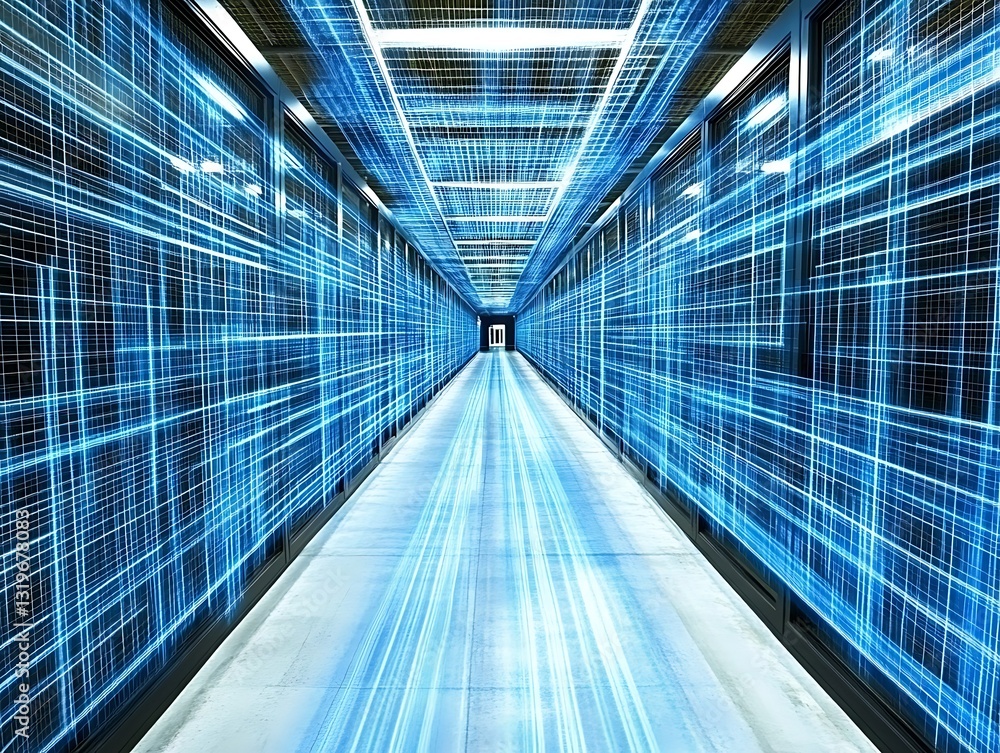 Poster abstract representation of digital data passage in server room network