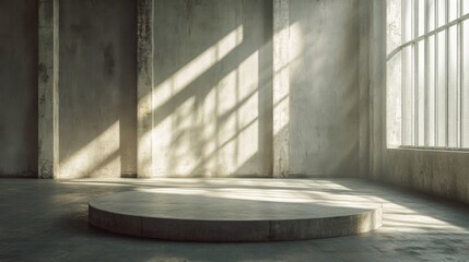 a round concrete platform in a room with a window