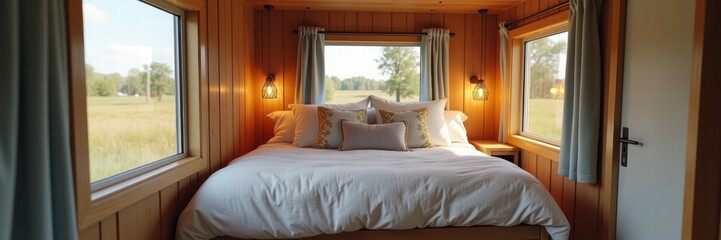 Cozy, sunlit bedroom with wooden walls, large windows, and plush bedding, perfect for relaxation and retreat in nature.