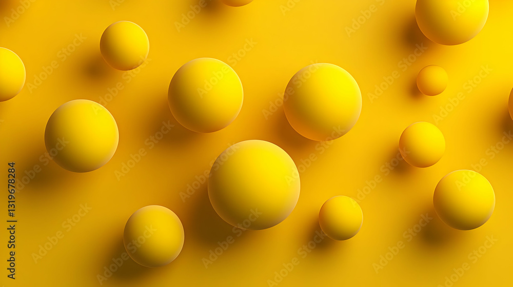 Poster 3d render of bright yellow spheres scattered on a vibrant yellow background with soft lighting and s
