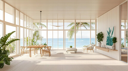 Fototapeta premium Bright Airy Modern Beach House Interior With Ocean View Dining And Living Area Featuring Neutral Colors Natural Light And Coastal Decor