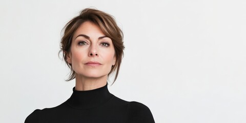 Confident Woman in Black Turtleneck Against a Minimalist Background