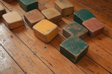Arrangement of Vintage Multicolored Wooden Blocks on Rustic Wood Floor