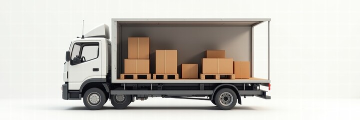 Delivery truck loaded with cardboard boxes, ideal for logistics, transportation, and supply chain imagery in marketing and advertising materials.
