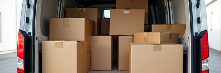 Packed cardboard boxes inside a van, ready for delivery. ideal for logistics, transportation, and e-commerce concepts.