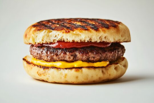 a minimalist burger made of round soft naan bread with a golden color