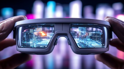 Futuristic augmented reality glasses held by hands, displaying a vibrant city skyline with digital overlays
