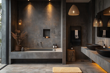 Moody Dark Grey Bathtub Area with Soft Lighting
