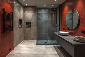Dark Grey Bathroom with Red Accents & Glass Shower
