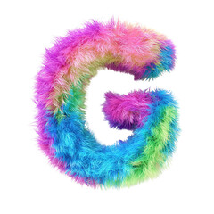 Colorful Furry Alphabet on white background. Colorful 3d Fur letter "G" isolated on transparent background. PNG, cut out.