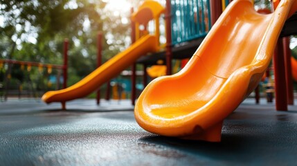 A bright orange slide in a lively playground setting under a clear blue sky, representing child-friendly spaces designed for active play and joyous moments outdoors.