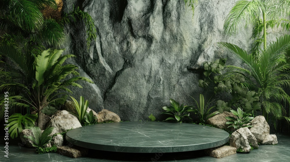 Poster a round table in a tropical setting with a waterfall