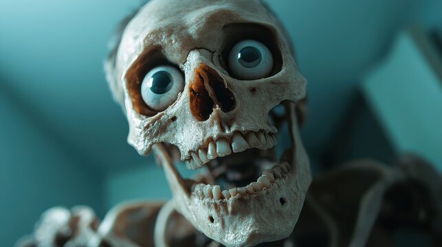 This quirky skull display, notable for its playful expression and wide-eyed gaze, merges elements of anatomical study with a humorous twist that invites curiosity.